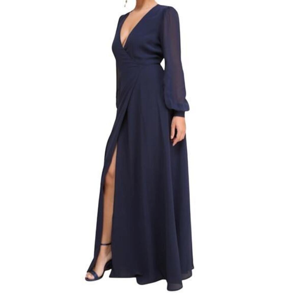 LULUS Dark Navy Blue Long Sleeve Wrap Dress - Size 3X